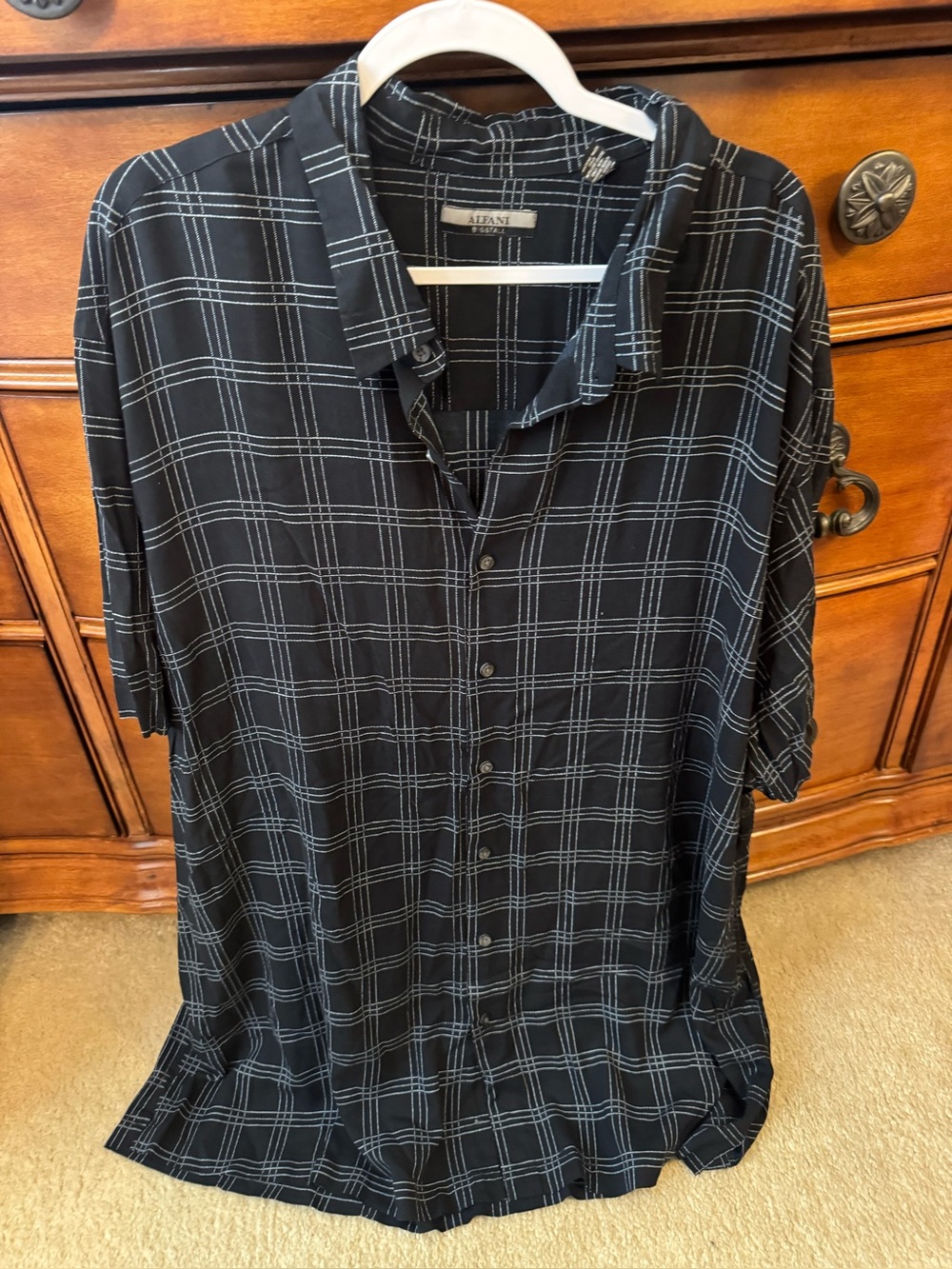 Alfani Black Windowpane Short-Sleeve Button-Down Shirt